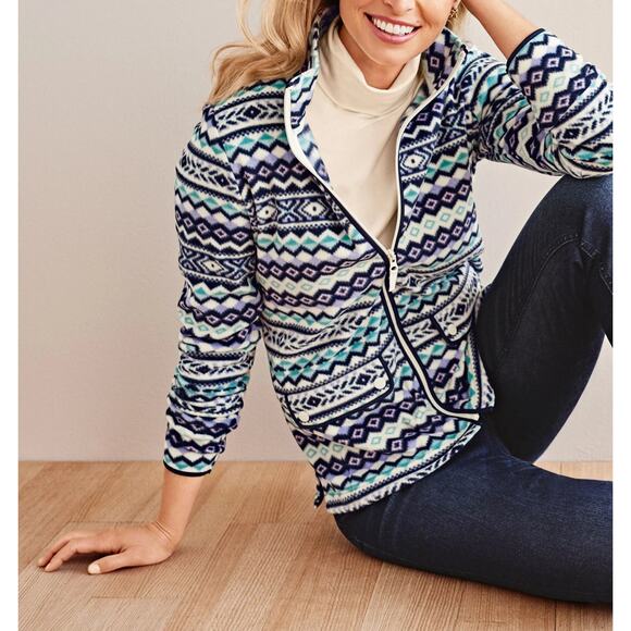 B9 Talbots Fair Isle Knit Fleece Jacket Women L Southwestern Cottagecore Nordic - Picture 1 of 7
